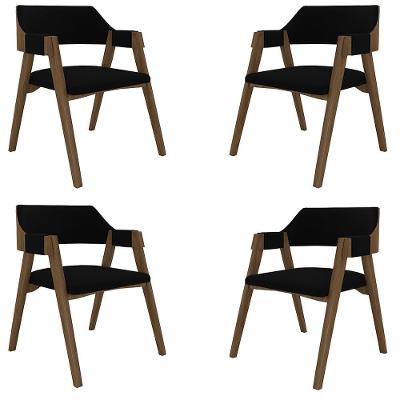 Kit 4 Cadeiras para Sala de Jantar e Jogos Poker Madeira Maciça Veludo Preto Nogueira Gran Belo