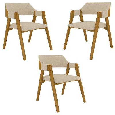 Kit 3 Cadeiras para Sala de Jantar e Jogos Poker Madeira Maciça Linho Offwhite-mel Gran Belo