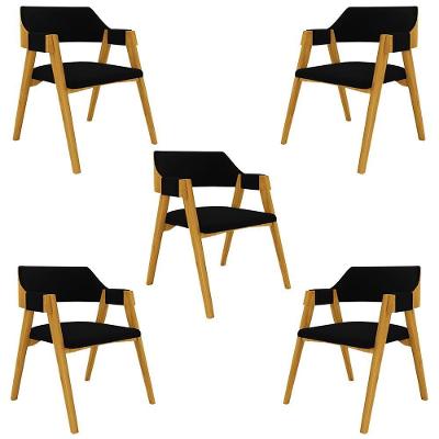 Kit 5 Cadeiras Poker Madeira Maciça Estofado em Veludo Preto-mel para Sala de Jantar Gran Belo