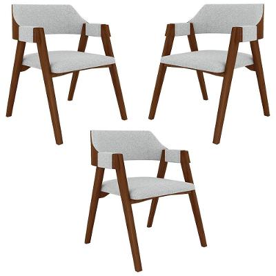 Kit 3 Cadeiras Sala de Jantar e Jogos G42 em MDF-MDP com Linho Cinza-imbuia Gran Belo