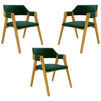Kit 3 Cadeiras Sala de Jantar e Jogos Carteados Poker Madeira Maciça Veludo Verde Mel Gran Belo