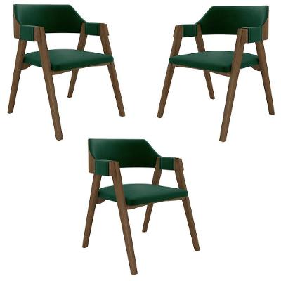 Kit 3 Cadeiras Sala de Jantar Poker Madeira Maciça Veludo Verde Nogueira Gran Belo