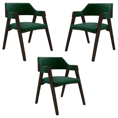 Kit 3 Cadeiras Sala de Jantar e Jogos Poker Madeira Maciça Veludo Verde Capuccino Gran Belo