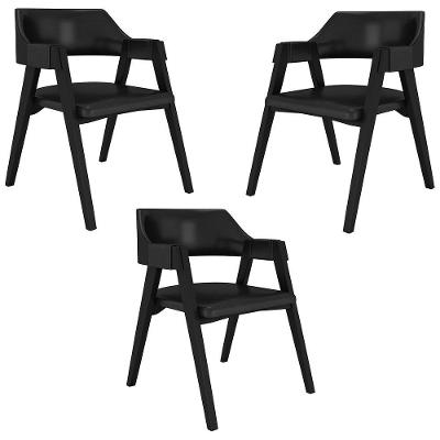 Kit 3 Cadeiras Sala de Jantar Poker Madeira Maciça Estofada em Pu Preto Gran Belo