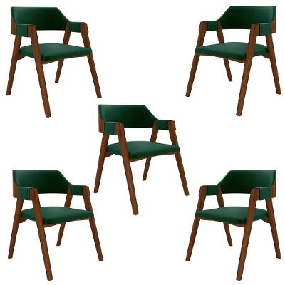 Kit 5 Cadeiras Sala de Jantar Poker Madeira Maciça Estofada em Veludo Verde Imbuia Gran Belo