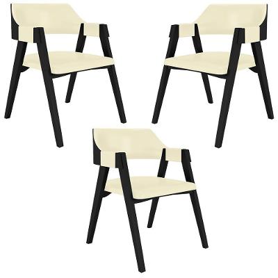 Kit 3 Cadeiras Sala de Jantar e Jogos Poker Madeira Maciça Assento Pu Offwhite-preto Gran Belo