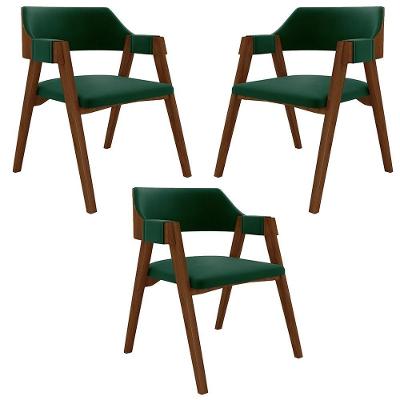Kit 3 Cadeiras Sala de Jantar e Jogos Poker Madeira Maciça Veludo Verde Imbuia Gran Belo