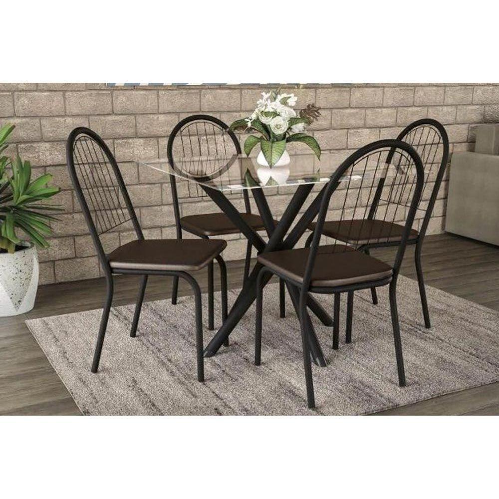 Sala de Jantar Completa Volga c/ Tampo Vidro 95cm + 4 Cadeiras Noruega Preto Fosco/Courano Marrom - Kappesberg - 1