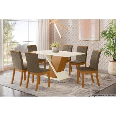 Sala de Jantar Completa Solus c/ Tampo Madeirado 160cm + 6 Cadeiras Isa Nature/Veludo Light Bege Vanilla - Henn