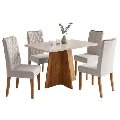 Conjunto de Jantar Mesa 1,20m com Vidro Anjos 4 Lugares Tampo em MDF Bege Viero Móveis