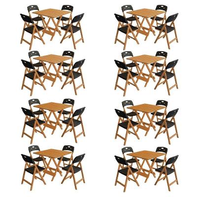 Conjunto 8 Mesas Dobráveis Elegance 8 Lugares MDF 8 Ripas 70x70 com Cadeiras Preto