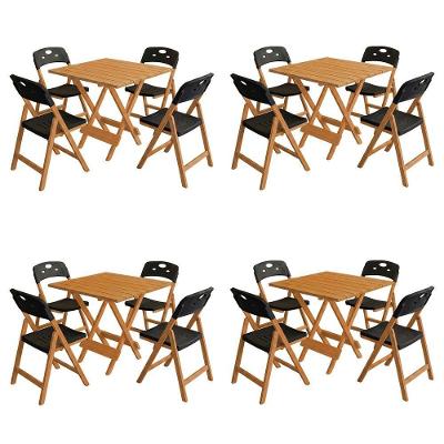 Conjunto 4 Mesas Dobráveis Elegance 4 Lugares Tampo MDF 70x70 com 4 Cadeiras Assento Polipropileno