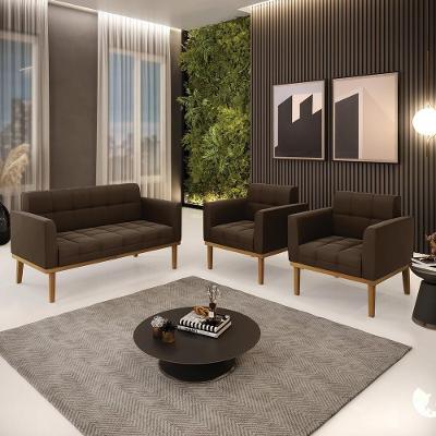 Conjunto 2 Poltronas e 1 Namoradeira Karen em Suede Marrom com Pés Fixos Madeira Gran Belo