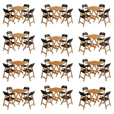 Conjunto 12 Mesas Dobráveis Elegance 4 Lugares Tampo MDF 70x70 com Cadeiras Natural Assento