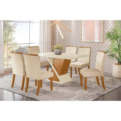 Sala De Jantar Completa Solus C/ Vidro 160Cm + 6 Cadeiras Tauá Nature/Veludo Light Linho - Henn