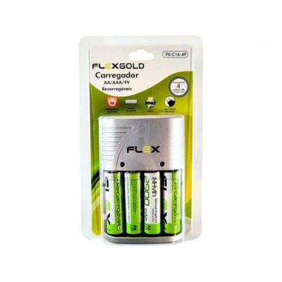 Carregador de Pilhas 2 Flex FXC164P Bivolt para AA AAA e 9V Cinza com 4 AA 2900mAh