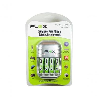 Carregador de Pilhas 2 Flex FXC03AAA para AA AAA e 9V com 4 Unidades Recarregáveis AAA Bivolt Cinza