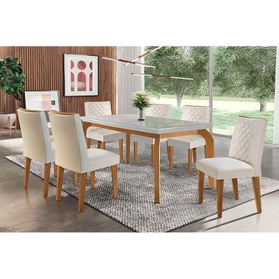 Sala de Jantar Completa Londrina Tampo Madeirado c/ Vidro 180cm + 6 Cadeiras Jade Imbuia/Veludo Creme - Rufato