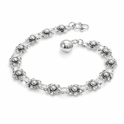 Pulseira Atraktiva Jóias 1 Fileira de Flores Prata de Bali 925 19cm Feminina