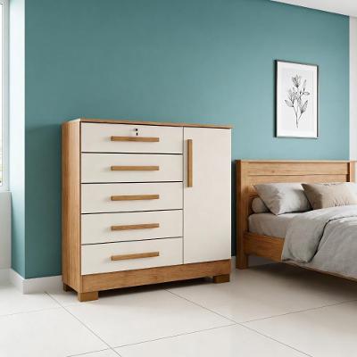 Cômoda 5 Gavetas 1 Porta Mdf-mdp Cedro Areia com Puxador Plástico Repleta Comercial