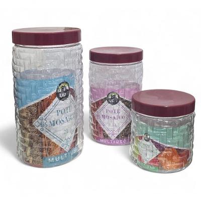 Kit 3 Potes Mosaico Cristal Porta Mantimentos Plástico Relevo Multiuso Cozinha Vinho