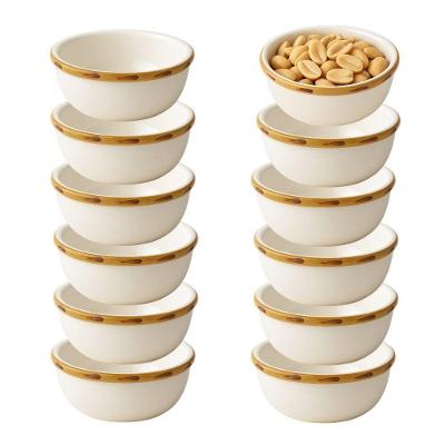 Jogo 12 Mini Bowl Molheira 100ML de Cerâmica com Borda de Bambu para Servir Branco Cerâmica Scalla
