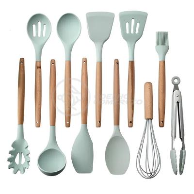 Kit Utensílios de Cozinha 12 Peças Silicone e Cabo de Madeira Fácil de Limpar Verde Claro Aquilae