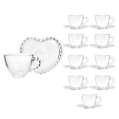 Jogo de Xícaras de Café com Pires Coração 10 Peças Cristal Transparente Lyor 80ML