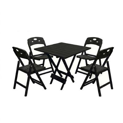 Conjunto Mesa Dobrável Elegance 4 Lugares Tampo 8 Ripas Madeira Base Preto 70x70 Mega Madeira