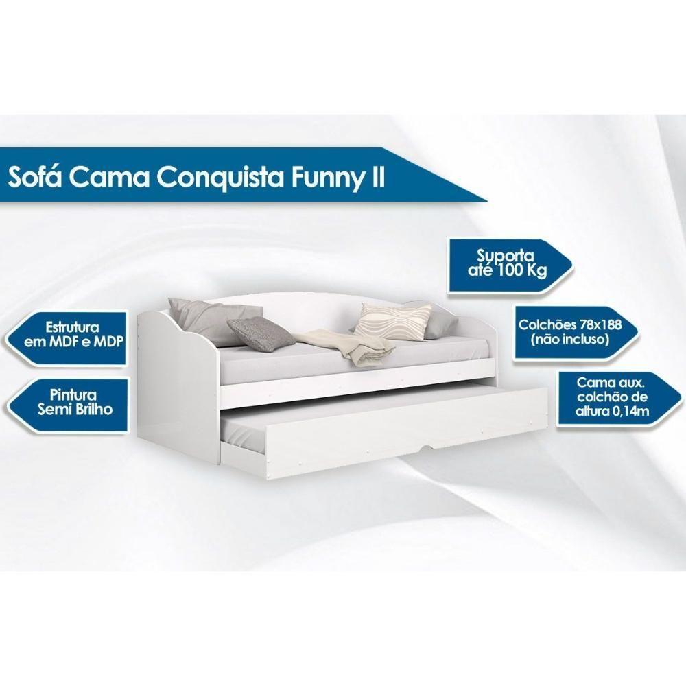 Sofá Cama Solteiro Funny III c/ Auxiliar Branco - Conquista - 6