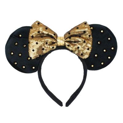 Tiara Infantil Orelhas Minnie Disney em Poliéster e Plástico 20cm X 26cm Laço Dourado Taimes