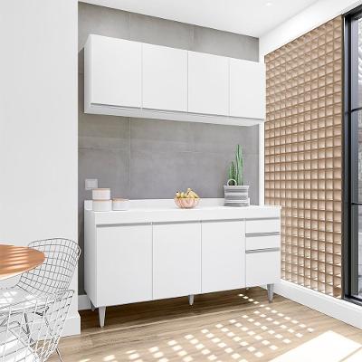 Conjunto Balcão de Cozinha e Aéreo Marcos 8 Portas 2 Gavetas MDF-MDP Branco Gran Belo