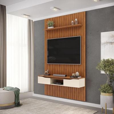 Painel para TV Seko G18 55 MDF Ripado com Porta Basculante Freijó-offwhite Gran Belo