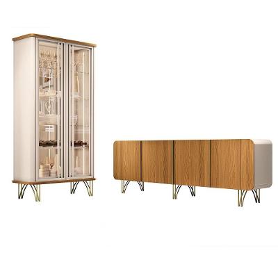 Conjunto Cristaleira Buffet Évora-Saluti G26 4 Portas MDF-MDP com Led Dourado Off White-Cinamomo