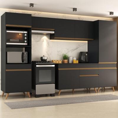 Armário Cozinha Modulada Completa 314cm Com Balcão Veneza Multimóveis Mp3757 Preto/dourado