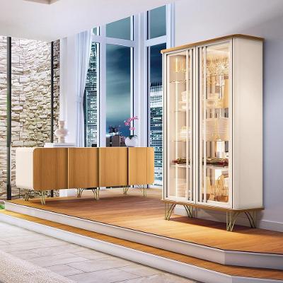 Conjunto Cristaleira Buffet Texas-Virginia G26 4 Portas MDF-MDP com LED Off White-Cinamomo Gran Belo