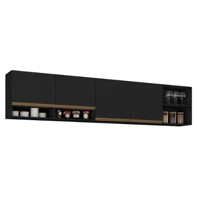 Kit Armário Cozinha Aéreo 105cm Com Aéreo 150cm Veneza Multimóveis Mp2291 Preto-Dourado