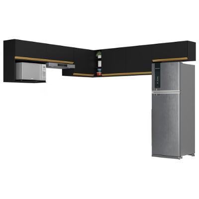 Kit Armário Cozinha Modulada Aéreo Canto 230cm 6 Peças Veneza Multimóveis Mp2296 Preto-Dourado