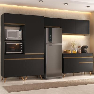 Armário Cozinha Modulada Completa 314cm Com Balcão Veneza Multimóveis Mp3759 Preto/dourado