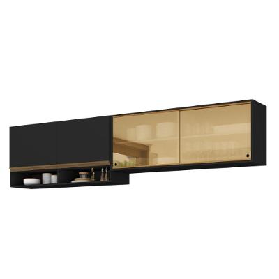 Kit Armário Cozinha Aéreo 105cm E Aéreo 120cm Com Portas De Vidro Multimóveis Mp2293 Preto-Dourado