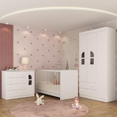 Quarto de Bebê Completo com Berço 3 em 1 Amora MP4557 4 Portas 6 Gavetas Branco Multimóveis