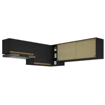 Kit Armário Cozinha Aéreo Canto 90cm Com Aéreo 70cm E Aéreo 120cm Veneza Multimóveis Mp2287 Preto-Dourado