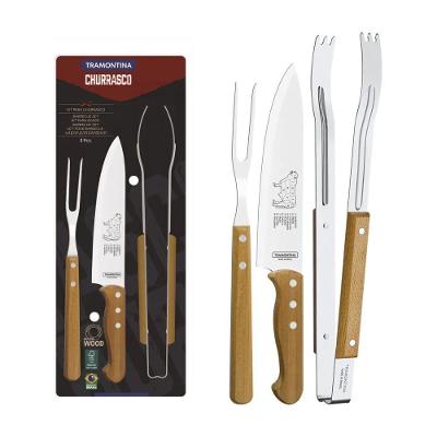 Jogo para Churrasco Dynamic 3 Pecas Aco Inox Cabos Madeira Natural para Servir Carnes Tramontina