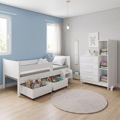 Quarto Infantil Luna Plus com Cama e Comoda Versatil com Baus Organizadores Branco Luna