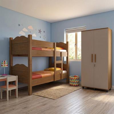 Conjunto Beliche Solteiro Madrid Gold com Grades e Guarda Roupa 2 Portas Amendoa MDF MDP