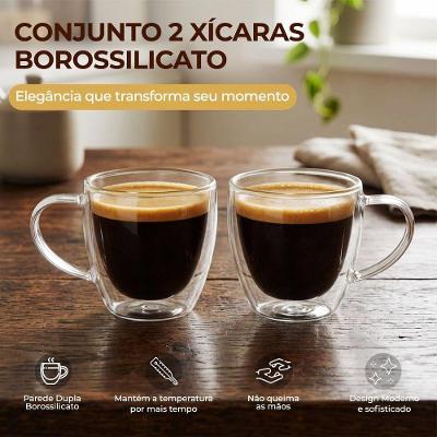 Kit 2 Canecas Vidro Borossilicato Parede Dupla 250ML Isolamento Térmico para Bebidas Transparente