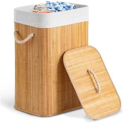 Cesto para Roupa Suja 60L em Bambu Natural com Tampa Dobravvel Forro Removivel para Lavanderia Bege
