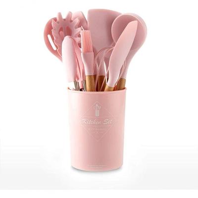 Conjunto 12 Utensílios de Cozinha Silicone com Cabo de Madeira Resistente ao Calor Rosa YEKKU