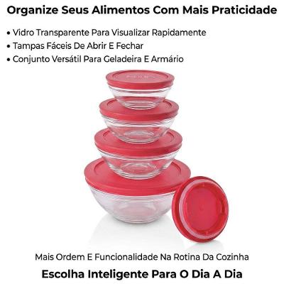 Conjunto de Potes de Vidro Redondos para Armazenar Alimentos com Tampa Plástica Vermelho Euro Home