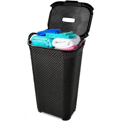 Cesto para Roupa Suja Rattan Tampa Basculada com Alça 50L Plástico Preto Arqplast